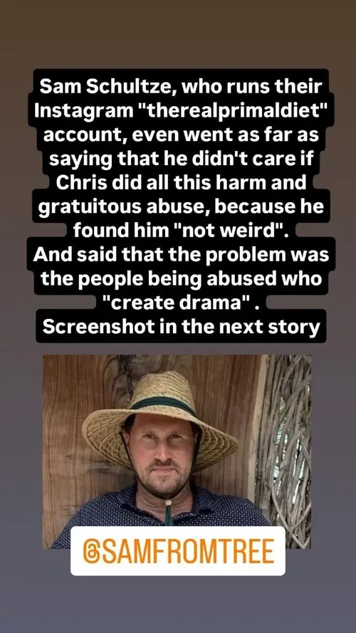 Instagram story screenshot about Sam Schultze and the therealprimaldiet account