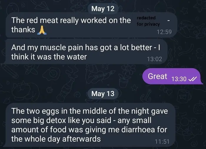 Screenshot of a testimonial about red meat helping and muscle pain improving after a consultation