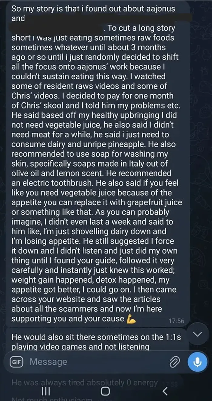 Screenshot of a testimonial from a man who paid for Chris' Skool and later fixed his issues after reading the guide